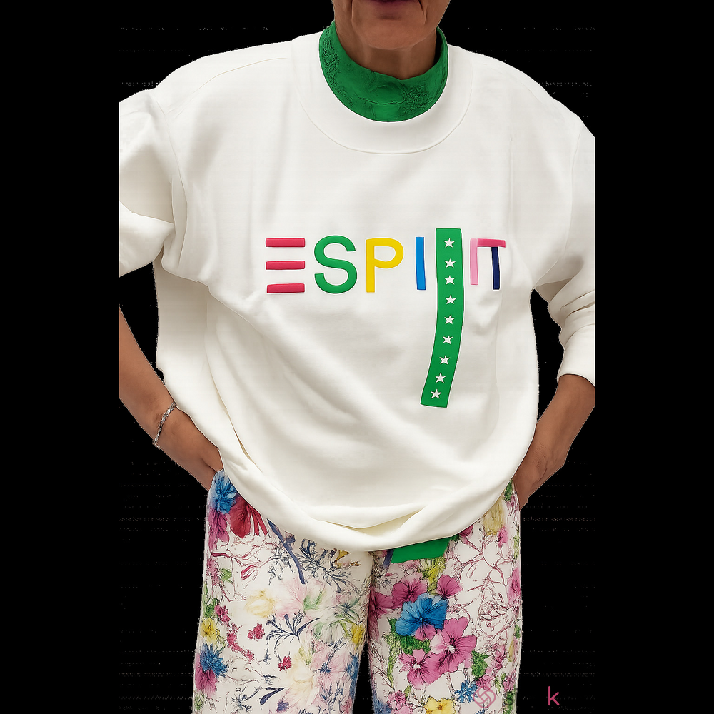 Esprit Cream Crew Neck Sweatshirt w Multicolor Embroidered Logo sz S M L XL XXL - Picture 3 of 15